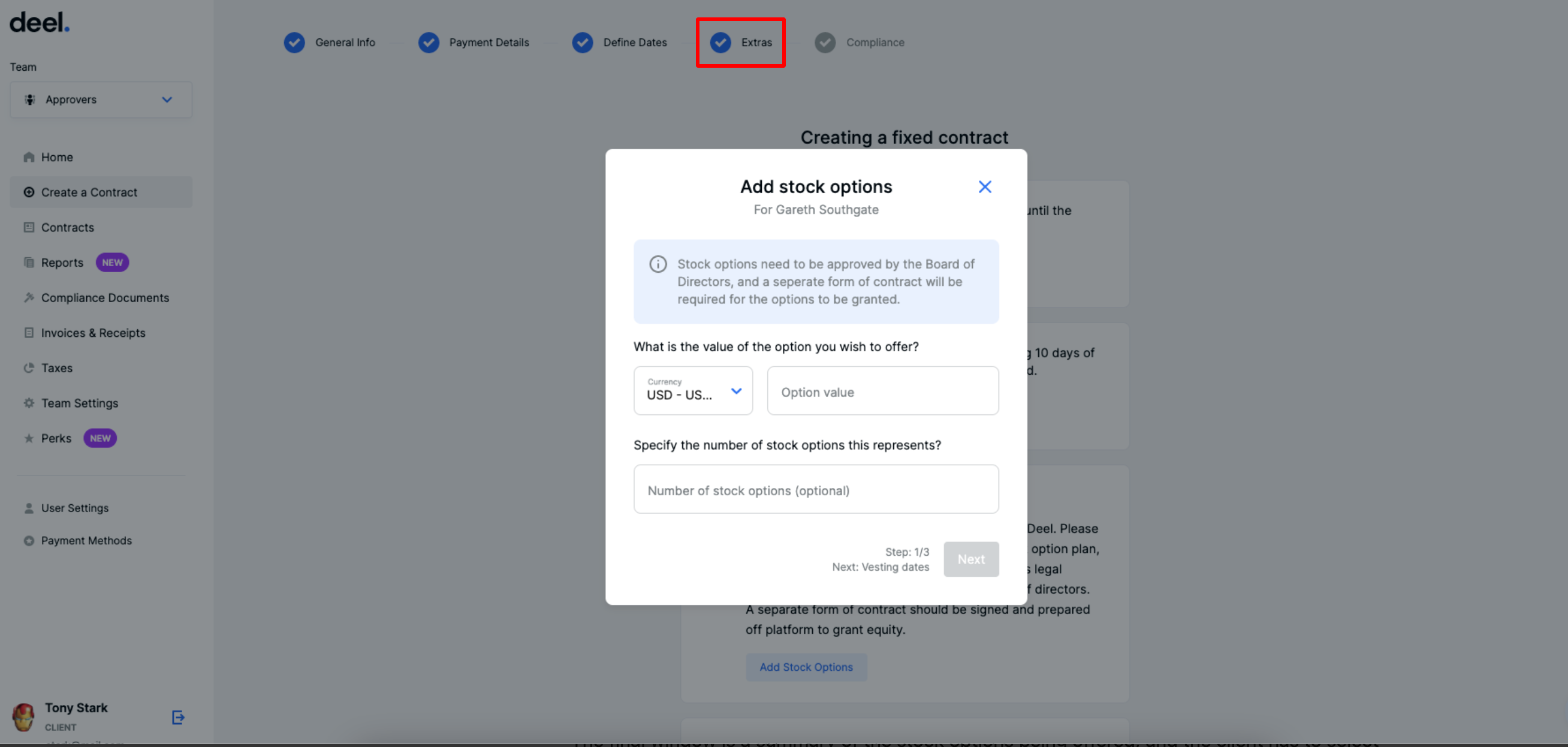 Pantallazo del dashboard de Deel para agregar stock options - nomina startups