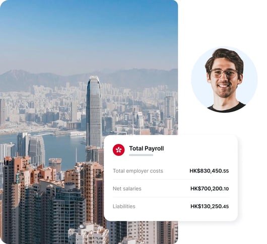 Foto de Hong Kong con rascacielos, foto del rostro de un hombre y gráfica del total de nómina.